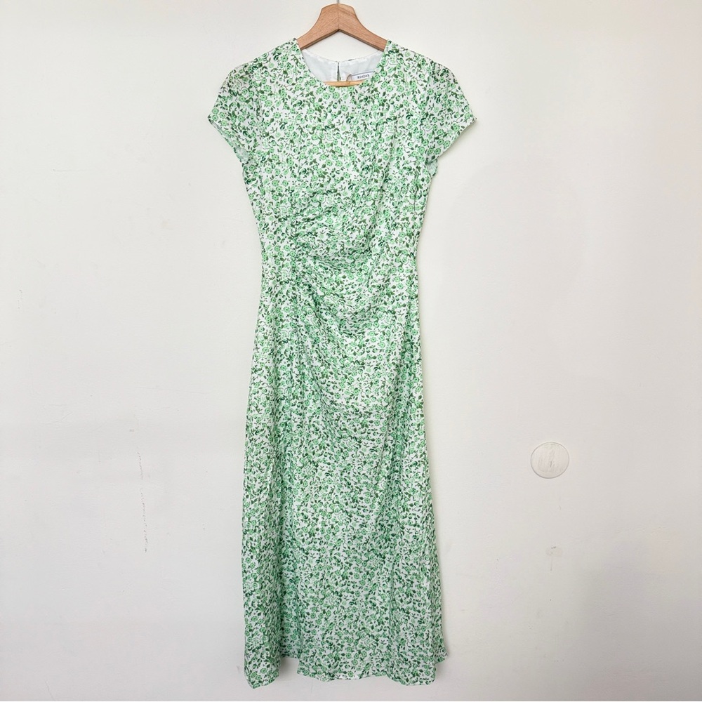 Rihoas green floral ruched midi dress